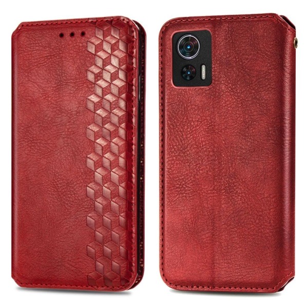 Læder Etui med A Stilfuldt Rhombus Tryk til Motorola Edge 30 Neo - Rød Red