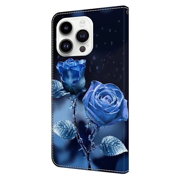 iPhone 16 Pro Max Plånboksfodral Mönster Tryck Stativ Läder Flip Telefonskal - Blå Rosor Blå