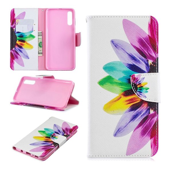 Samsung Galaxy A70 mønstret lædercover - kronblade mønster Multicolor