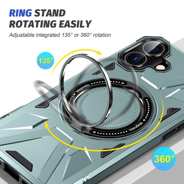 Magnetfodral för iPhone 16 Flexibelt och stötsäkert telefonskal med kickstand med roterande ring - Grön Grön