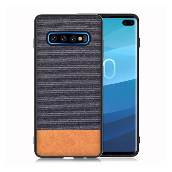 Samsung Galaxy S10 Pllus stof tekstur læder etui - Mørkeblå / Brun Blue