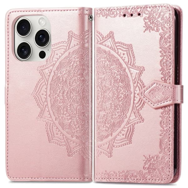 Mandala iPhone 16 Pro etui i lær - Rose Gull Pink