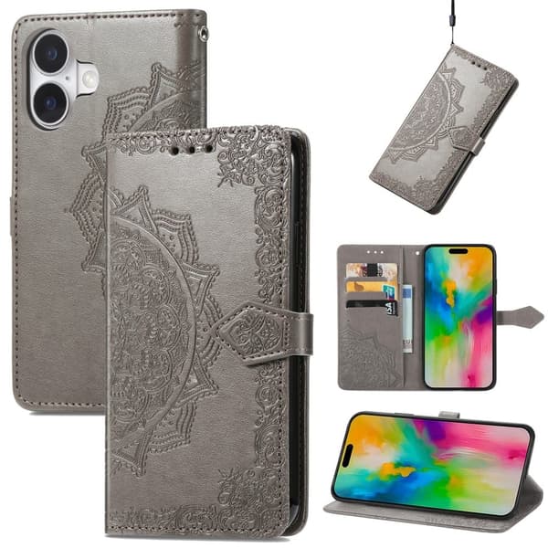 Mandala iPhone 16 etui i lær - Grå Silver grey