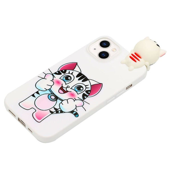 Mønstertryk Drop Resistant Phone Case iPhone 14, 3D Figure Design Flexible Back Cover - Kat White