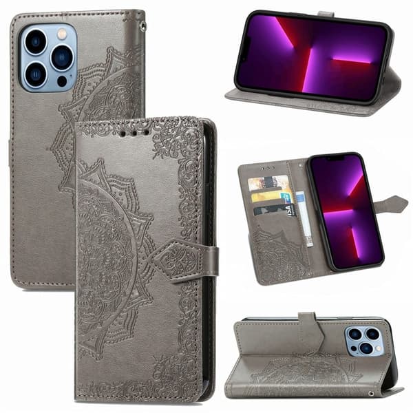 Mandala iPhone 13 Pro Flippetui - Grå Silver grey