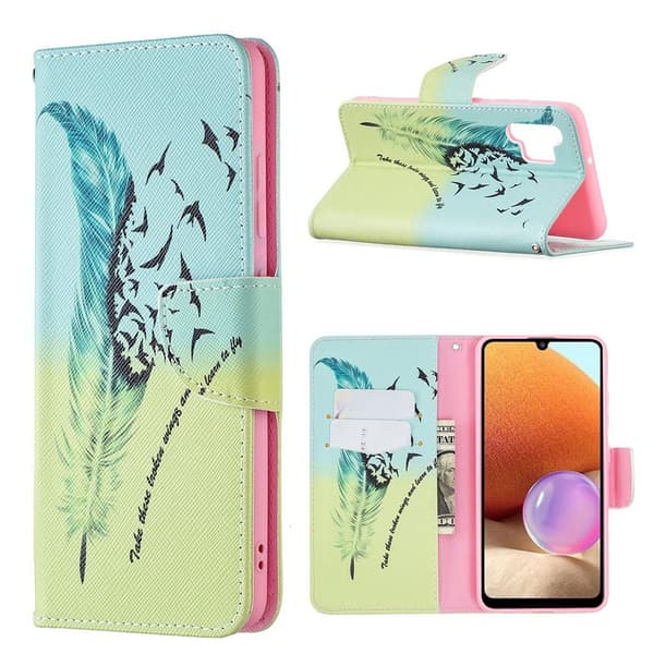 Wonderland Samsung Galaxy A32 Flip Etui - Fjer Mønster Multicolor