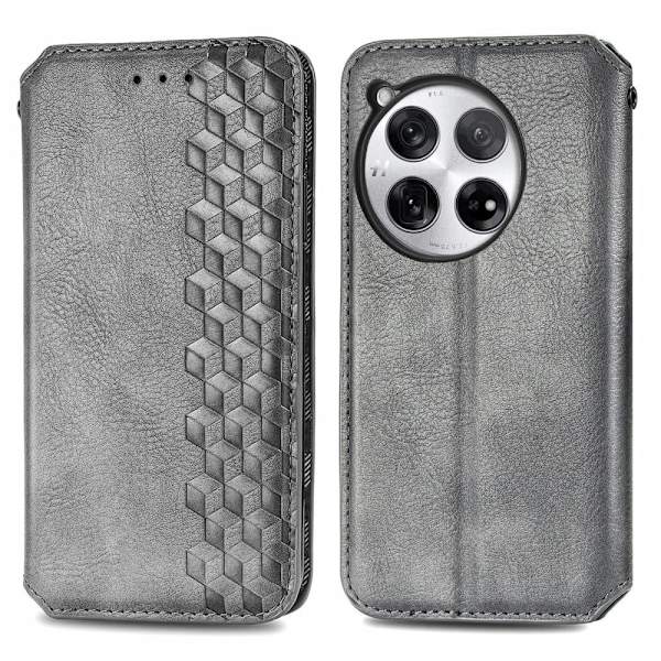 Läder OnePlus 12 fodral med romb-design - Grå Silvergrå