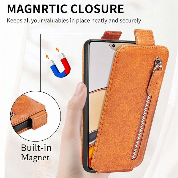Vertical Flip Phone Suojakotelo With Zipper For Xiaomi 12S Pro / 12 Pro - Ruskea Brown