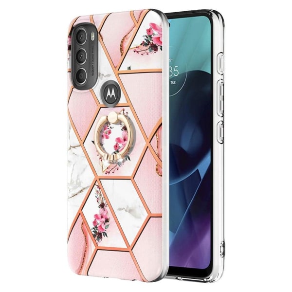 Marble Mønstret Cover med Ring Holder til Motorola Moto G71 5G - Lyserøde Blomster Pink