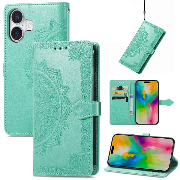 Mandala läder iPhone 16 fodral - Mintgrön Grön