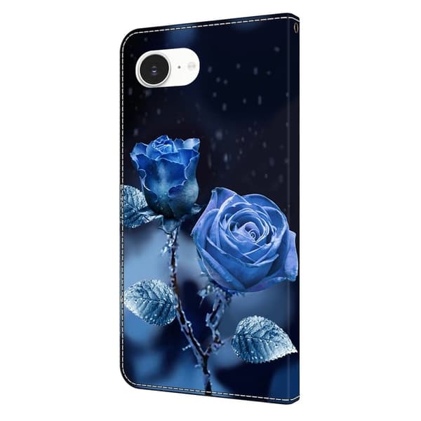 iPhone 16e Plånboksfodral Mönster Tryck Stativ Läder Flip Phone Cover - Blå Rosor Blå