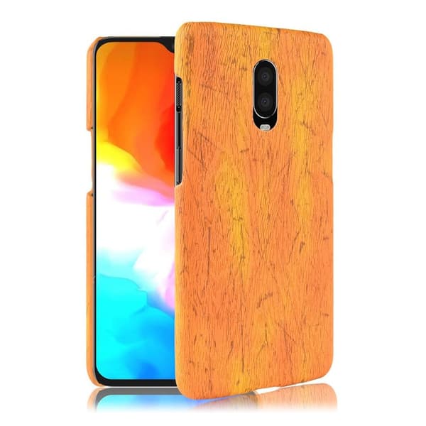 OnePlus 6T läderfodral med trästruktur - Gul Gul