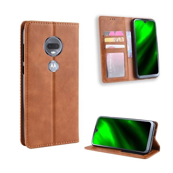 Motorola Moto G7 auto-absorbed vintage tyylinen nahkainen flip suojakotelo - Ruskea Brown