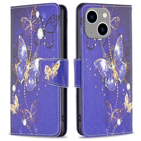 Wonderland iPhone 14 Plus flip etui - Lilla Sommerfugle Purple