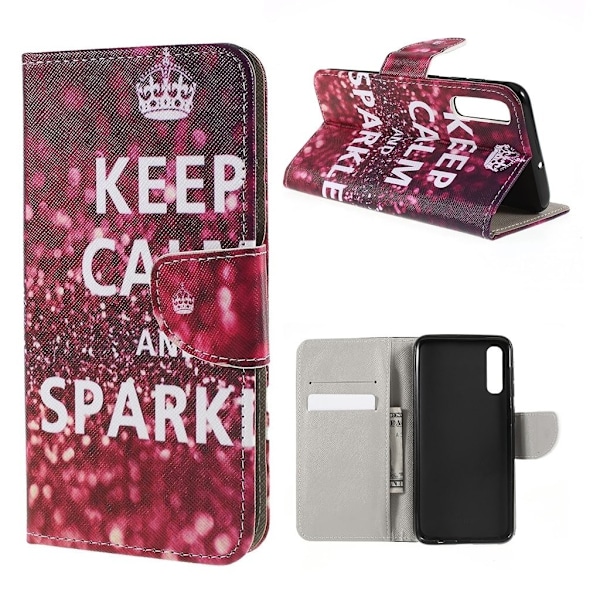 Wonderland Samsung Galaxy A50 kotelot - Quote Keep Calm and Sparkle Red