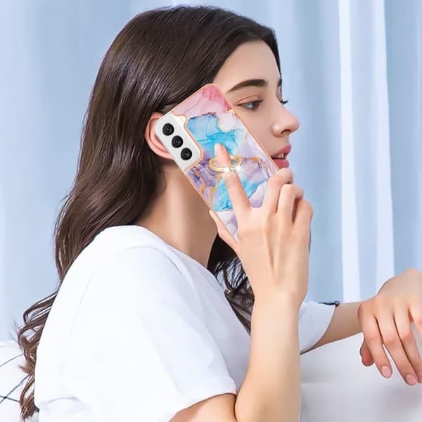 Marble Mønstret Deksel med Ring Holder til Samsung Galaxy S22 Plus - Milky Way Klinkekule Blue Multicolor