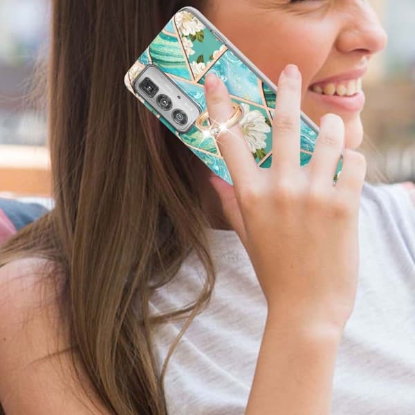 Marble Mønstret Deksel med Ring Holder til Motorola Edge 20 Pro - Blåe Blomster Blue