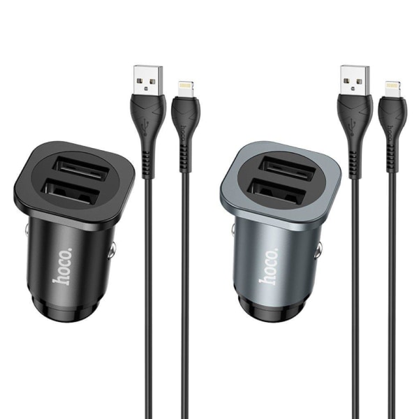 NZ4 Wise road dual port car charger set (Lightning) - Metalgrå Silver grey