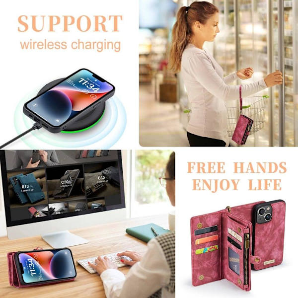 CaseMe iPhone 14 etui med lynlås & pung - Rød Red