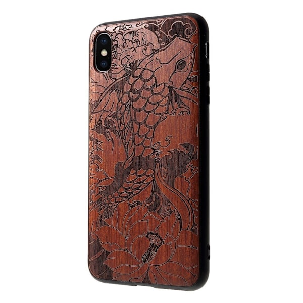 iPhone Xs Max hybrid etui i udskåret træ - Fisk Og Lotus Brown