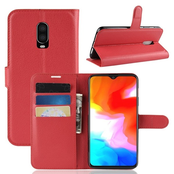 OnePlus 6T mobiletui i kunstlæder med Litchi overfalde og kortholder - Rød Red