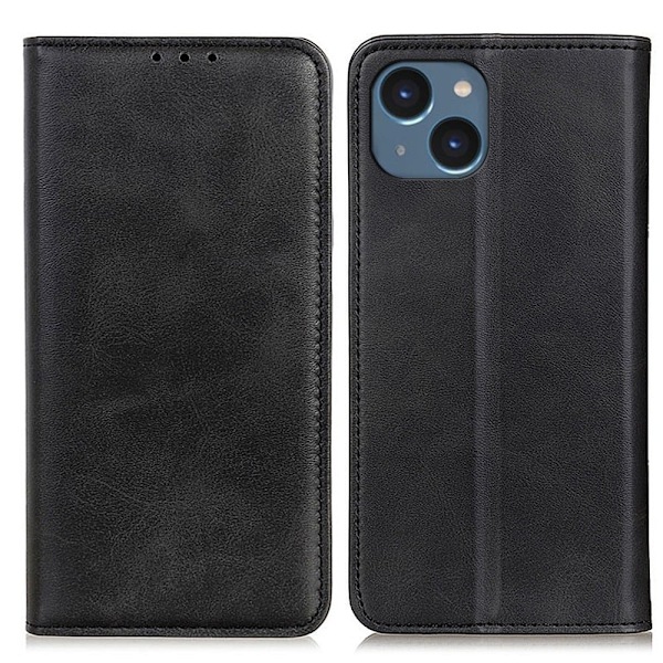 iPhone 14 flip etui i ægte læder med pung – Sort Black