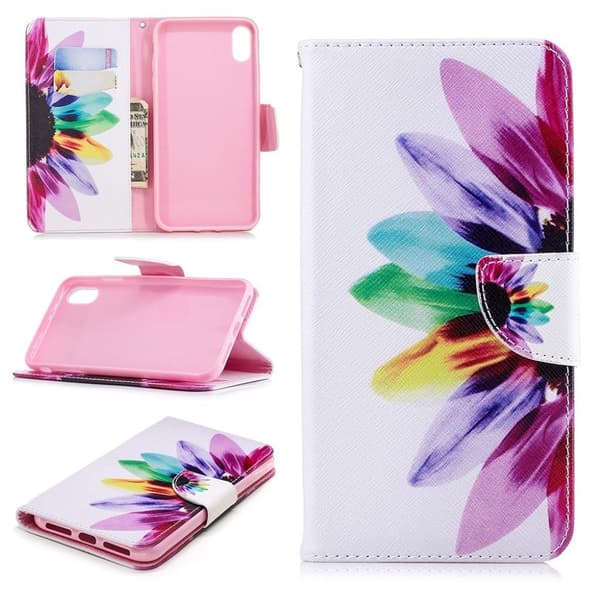 iPhone Xs Max læder flip cover med mønsterprint - Petals Multicolor