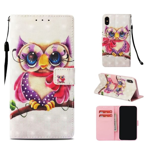 iPhone Xs Max mønstret flip etui i læder - Ugle Multicolor
