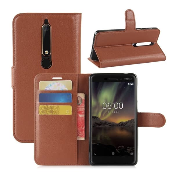 Nokia 6 (2018) litchi tekstur PU læder flip etui - Brun Brown