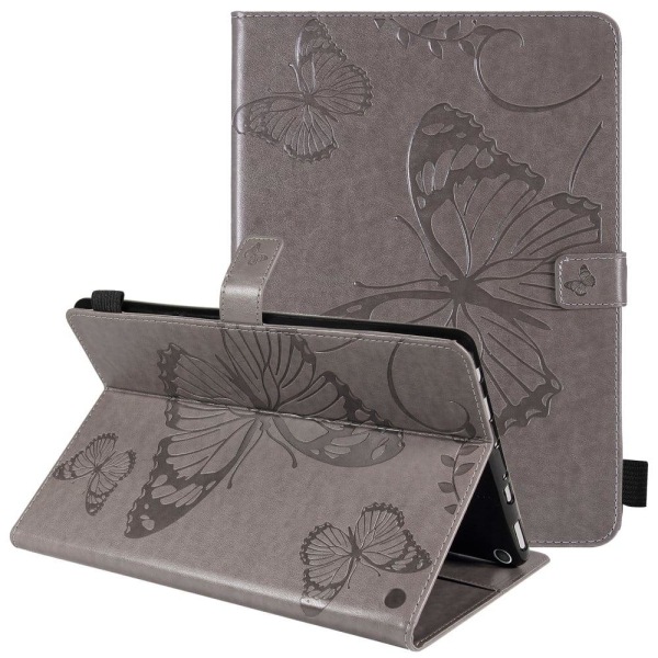 Amazon Fire HD (2021) butterfly pattern leather case - Grey Silvergrå