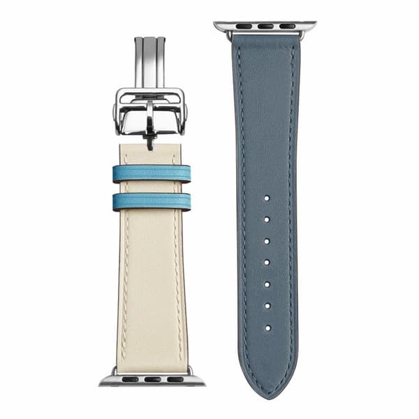 äkta läder silver spänne klockarmband för Apple Watch Series 6 / 5 44mm - Lake blå / vit Blå