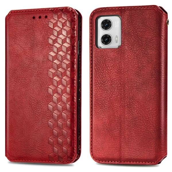Læder Etui med A Stilfuldt Rhombus Tryk til Motorola Moto G73 - Rød Red