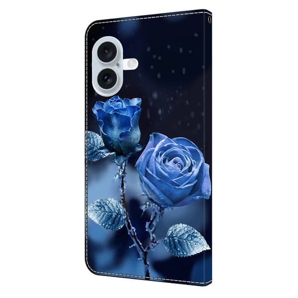 iPhone 16 Plus Plånboksfodral Mönster Tryck Stativ Läder Flip Telefonskal - Blå Rosor Blå