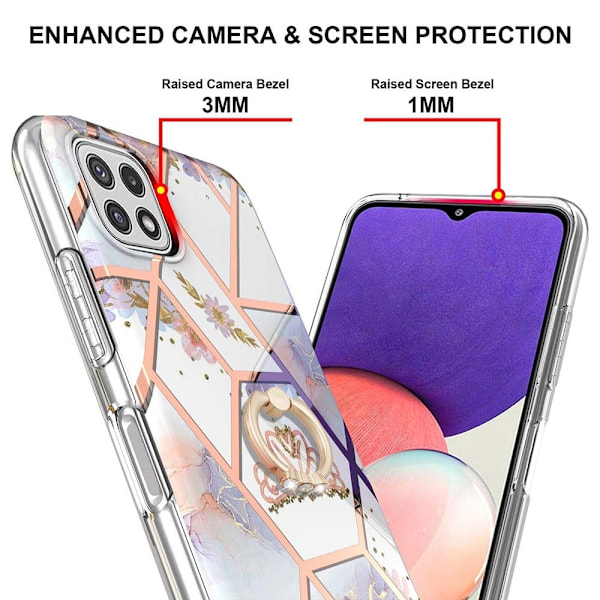 Marble Patterned Suojakuori With Ring Holder For Samsung Galaxy A22 5G - Kruunu White
