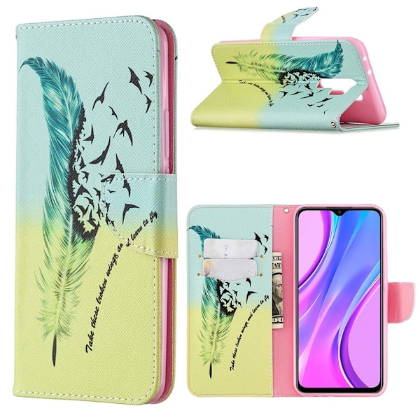 Wonderland Xiaomi Redmi 9 Flip etui - Fjer Multicolor