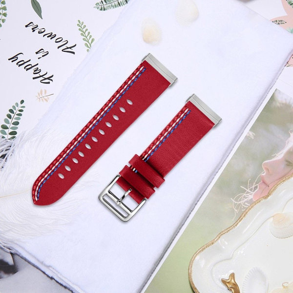 Fitbit Sense / Versa 3 three sewn line genuine leather watch strap - Red Röd