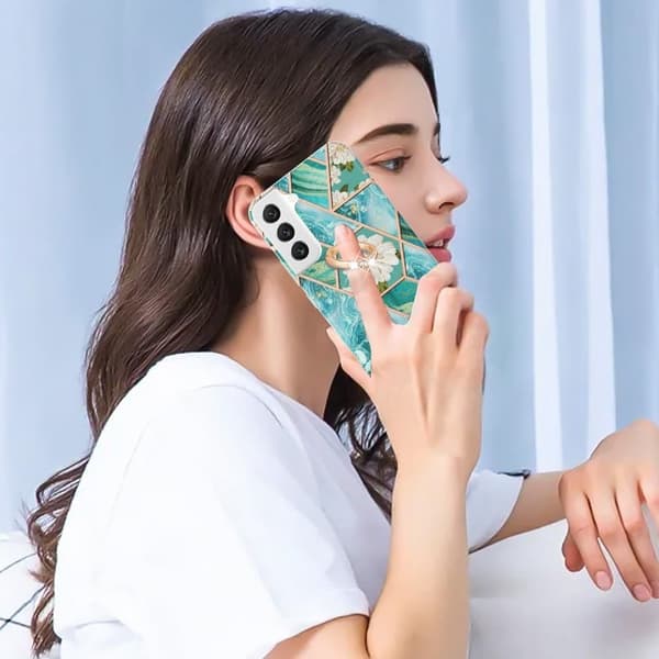 Marble Mønstret Deksel med Ring Holder til Samsung Galaxy S22 - Blåe Blomster Blue