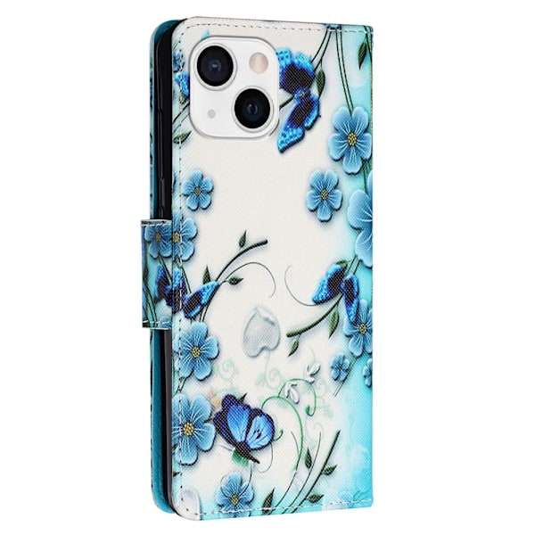 Wonderland iPhone 14 flip etui - Blå Blomst Sommerfugl Blue