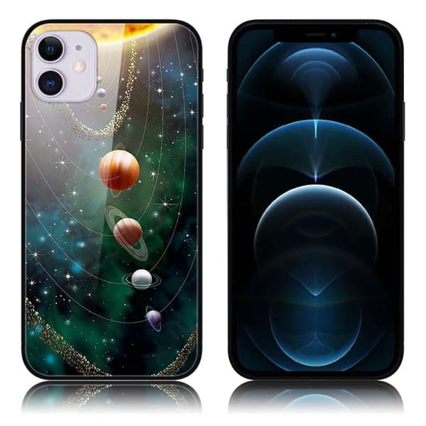 Mønstertryk Glas og fleksibelt og stødsikkert kombinationscover iPhone 12 Pro / iPhone 12 - Planeter Multicolor
