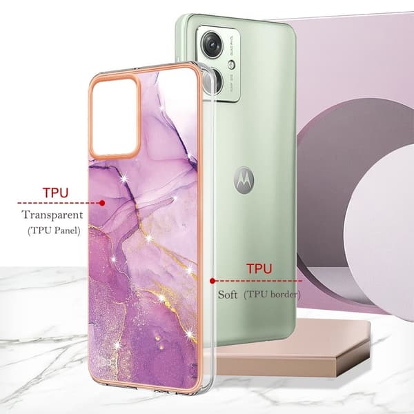 Motorola Moto G54 5G Flexible Case with IMD Marble Pattern Electroplated Back Cover - Purple 001 Purple
