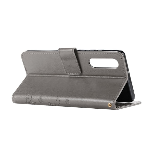 Huawei P30 sommerfugle- og blomstertryk læder flip etui - Grå Silver grey