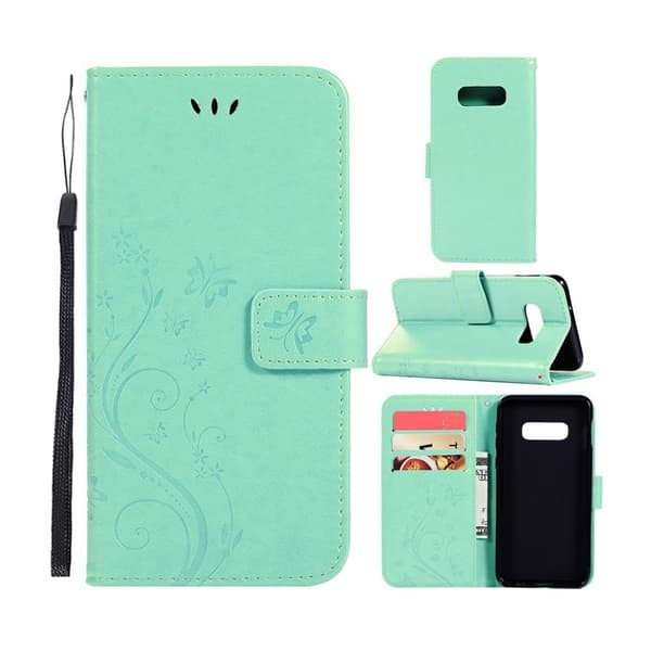 Samsung Galaxy S10 Plus  sommerfugle- og blomstertryk læder flip etui - Cyan Green