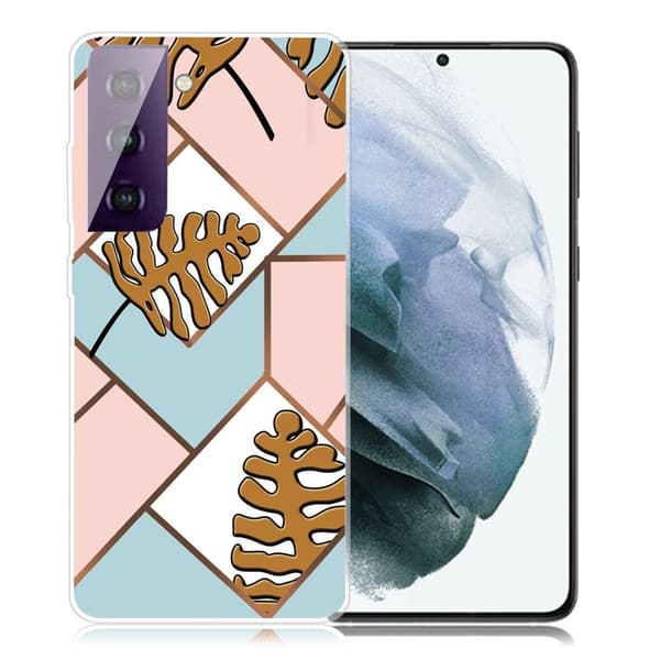 Marble Samsung Galaxy S21 Plus Etui - Toon Leaves in Pink and Blue Multicolor