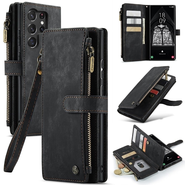 CaseMe Samsung Galaxy S23 Ultra etui med lynlås og pung - Sort Black