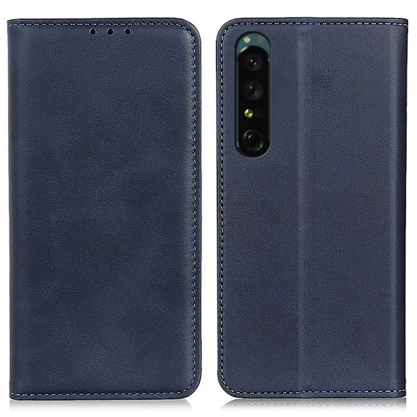 Sony Xperia 1 IV lompakkokotelo, aitoa nahkaa - Sininen Blue