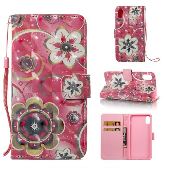 iPhone XR mobilfodral syntetläder silikon plånbok stående tryckmönster - Färgrika blommor multifärg