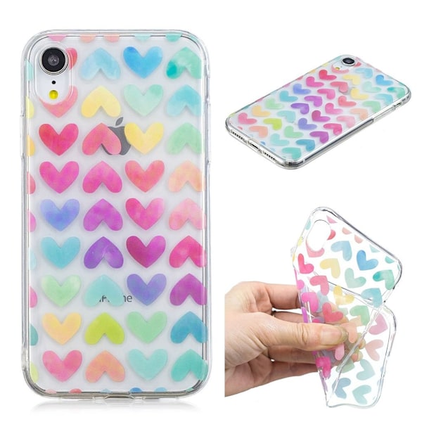 iPhone Xr soft case med mønsterprint - Farverige Hjerter Multicolor