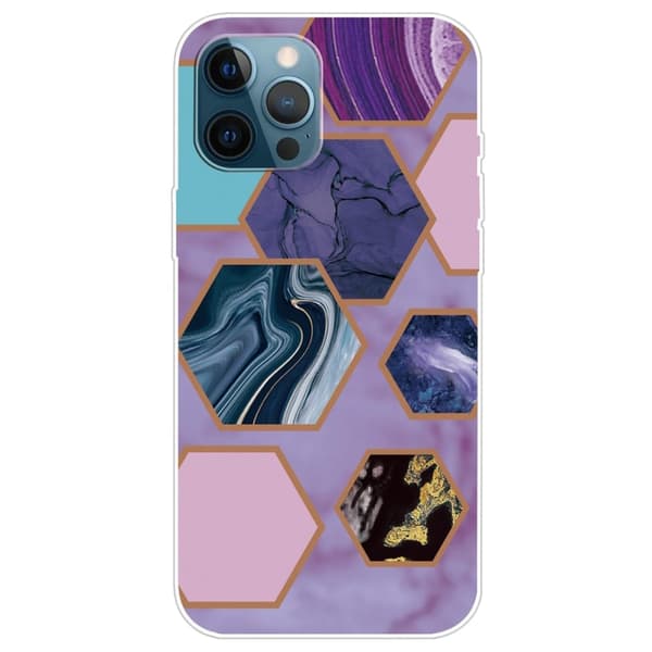 Marmormotiv iPhone 14 Pro Max skal - Hexagoner I Lila Bakgrund multifärg