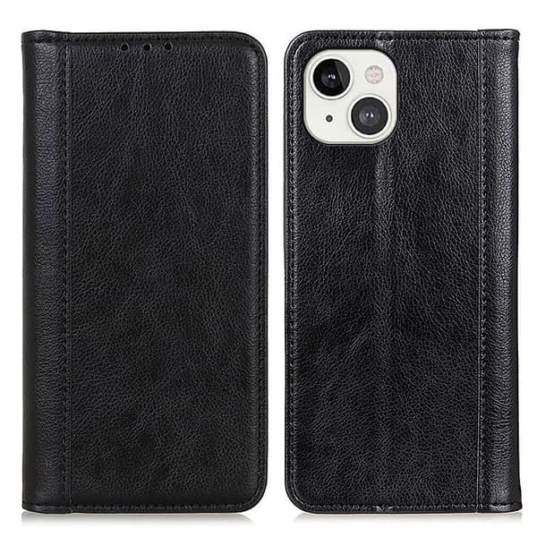 Ekte lærdeksel med magnetisk lukking for iPhone 13 - Svart Black