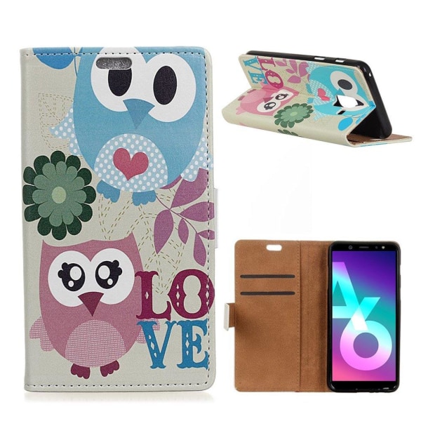 Samsung Galaxy A6 Kuviollinen Seisova Nahka Lompakko Kuori - Love Pöllö Pari Multicolor